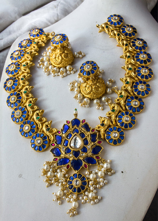 Antique Jadau Blue Stone Lotus Necklace Set