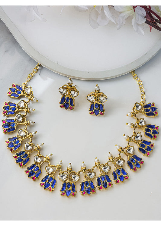 Antique Jadau Blue Red Stone Lotus Necklace Set