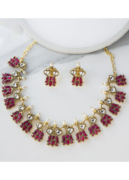Antique Jadau Red Stone Lotus Necklace Set