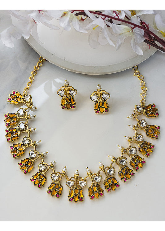 Antique Jadau Yellow Red Stone Lotus Necklace Set