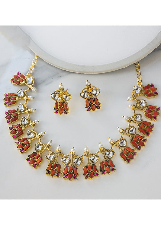 Antique Jadau Orange Stone Lotus Necklace Set