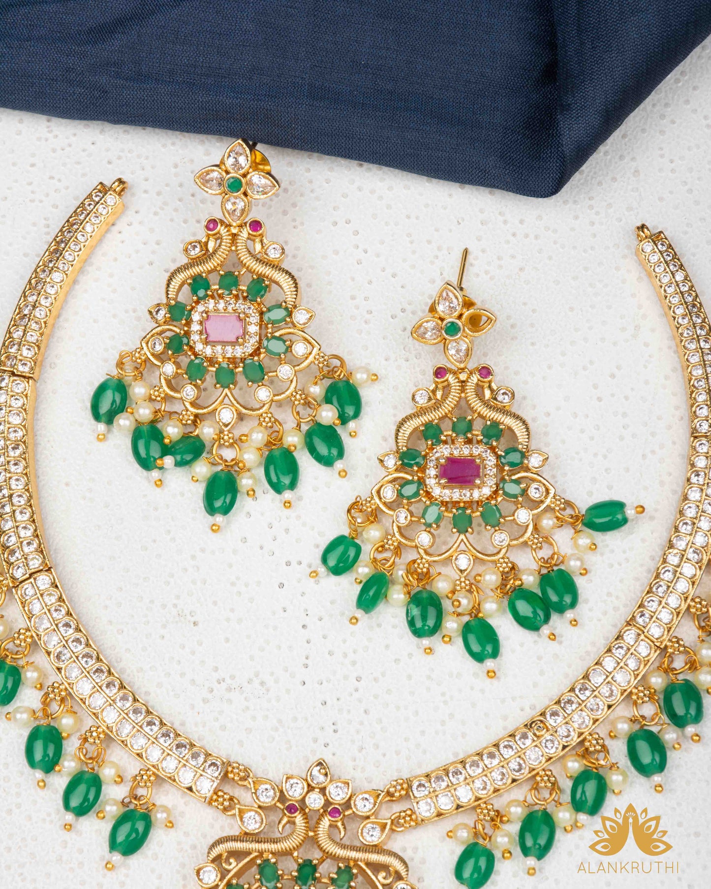 Antique CZ Stone Green Beaded Necklace