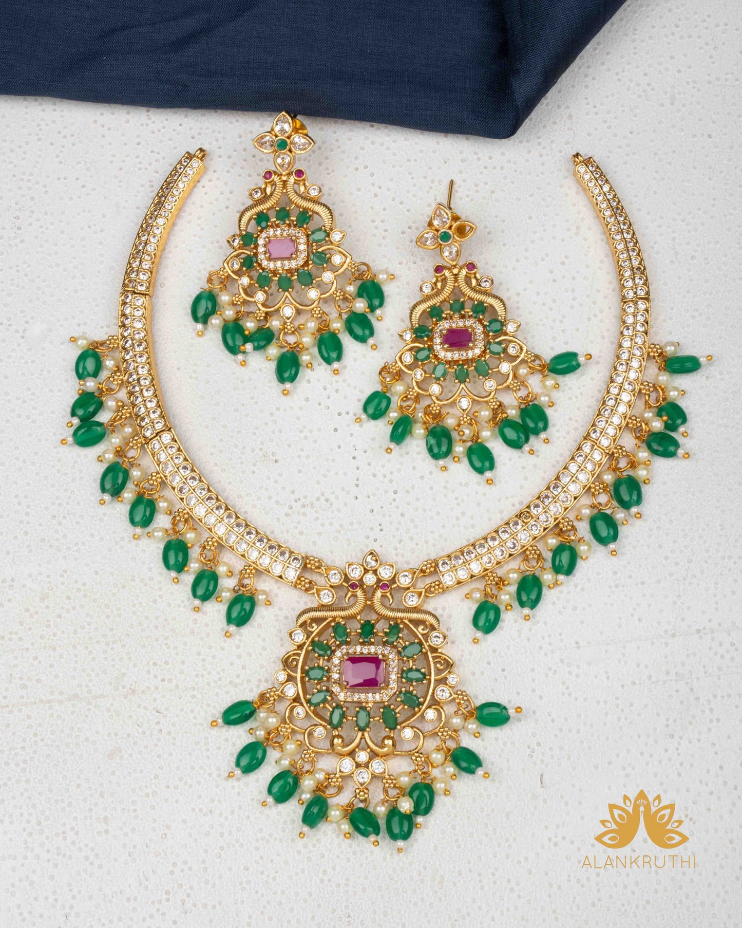 Antique CZ Stone Green Beaded Necklace