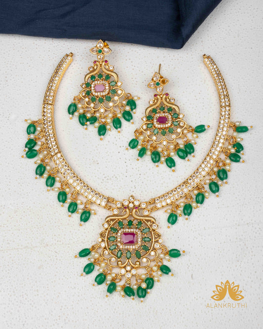 Antique CZ Stone Green Beaded Necklace