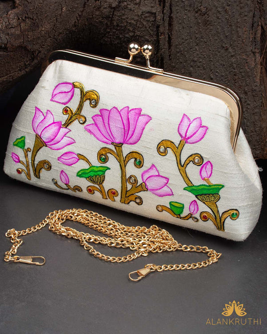 Tanjore Painted Pure White Silk Clutch Bag