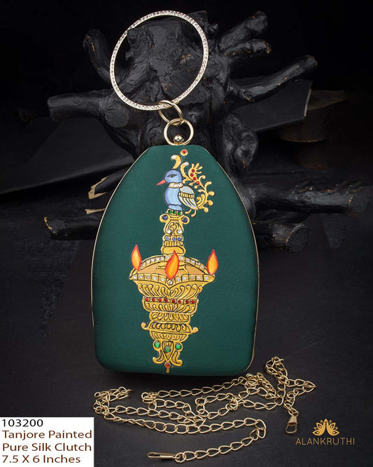Tanjore Painted Pure Green Silk Clutch Bag