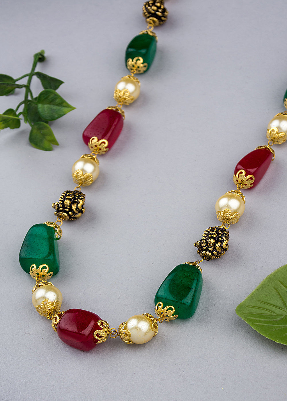 Gold Plated Ruby Green Stone Studded Mala