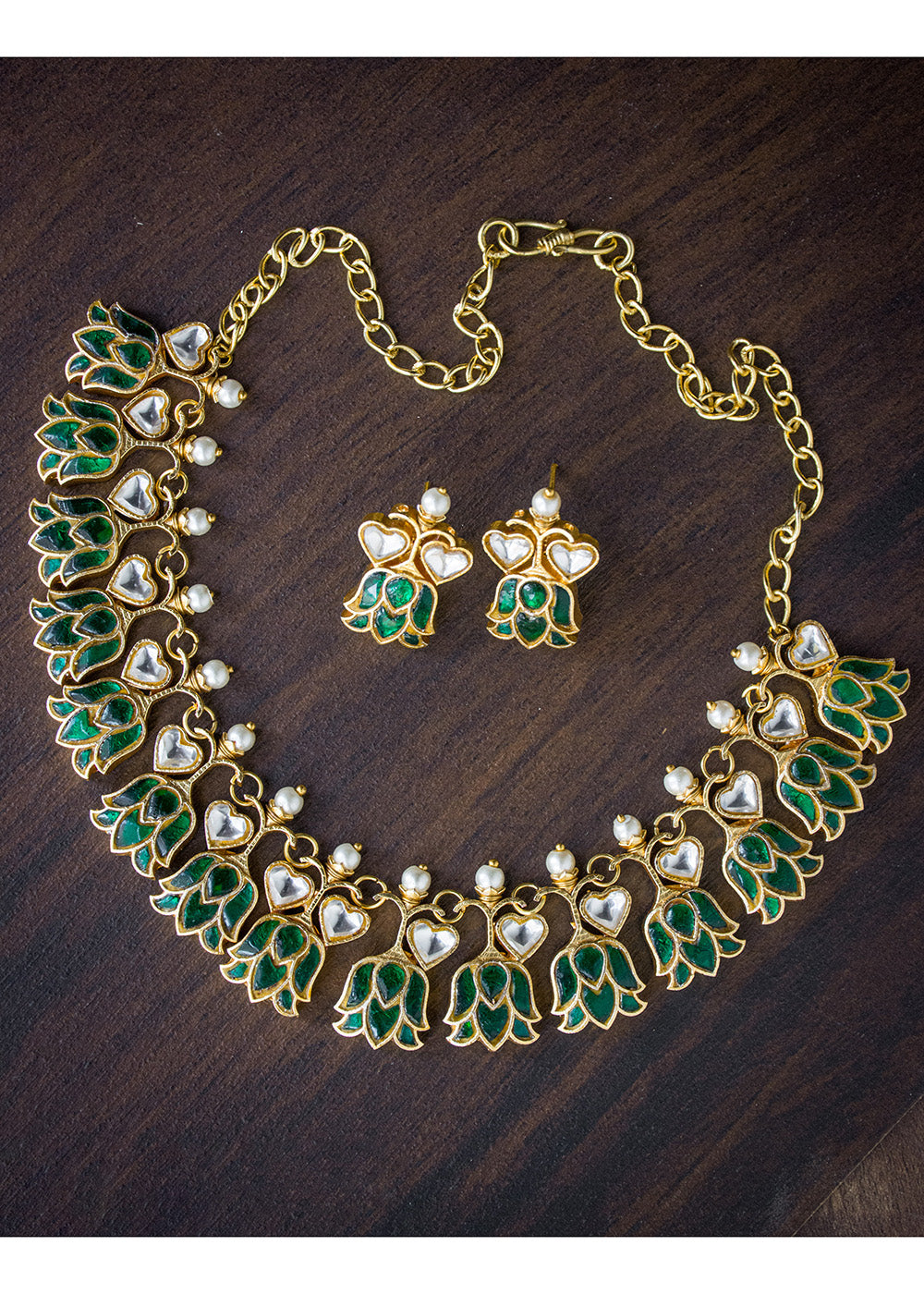 Antique Jadau Green Stone Lotus Necklace Set