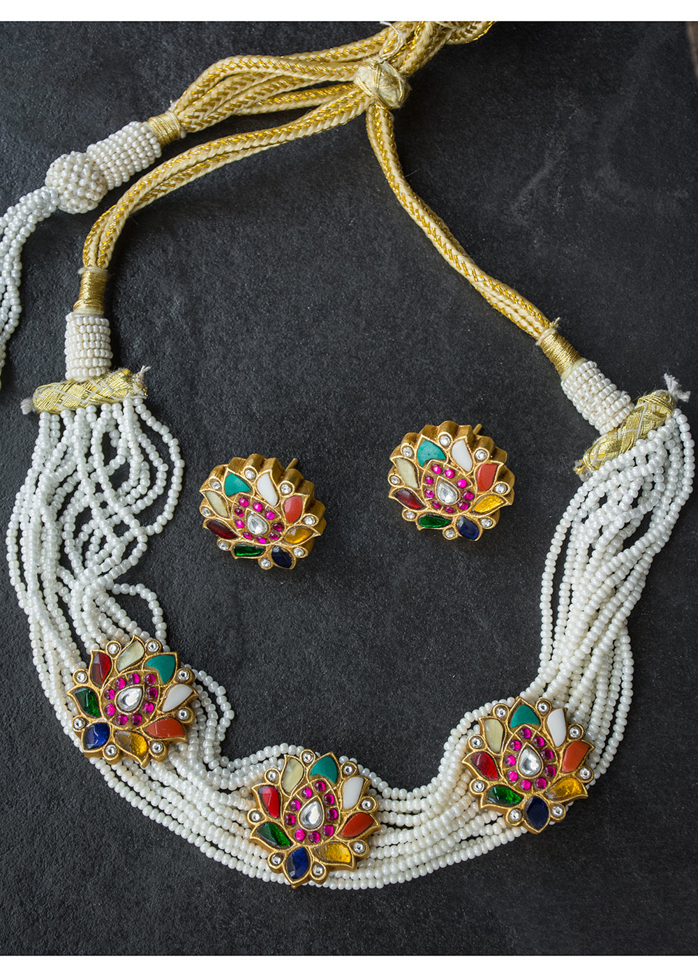 Antique Jadau Navrathna Stone Lotus Choker Set