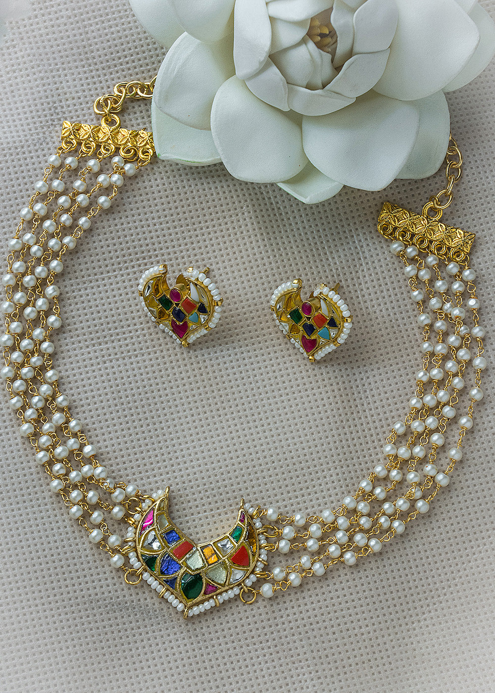 Antique Jadau Navratna Stone Pearl Choker Set